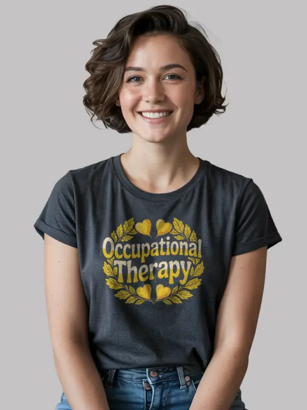 Dark Heather shirt front view – wreath and hearts design – occupational therapy student shirt