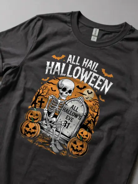 Dark Heather Shirt Lifestyle Shot – All Hail Halloween – gothic skeleton Halloween t-shirt