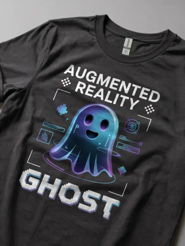 Lifestyle shot dark heather shirt Augmented Reality Ghost T-Shirt