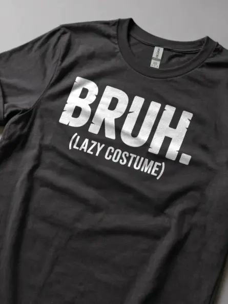 Lifestyle shot dark heather shirt Bruh Lazy Costume T-Shirt