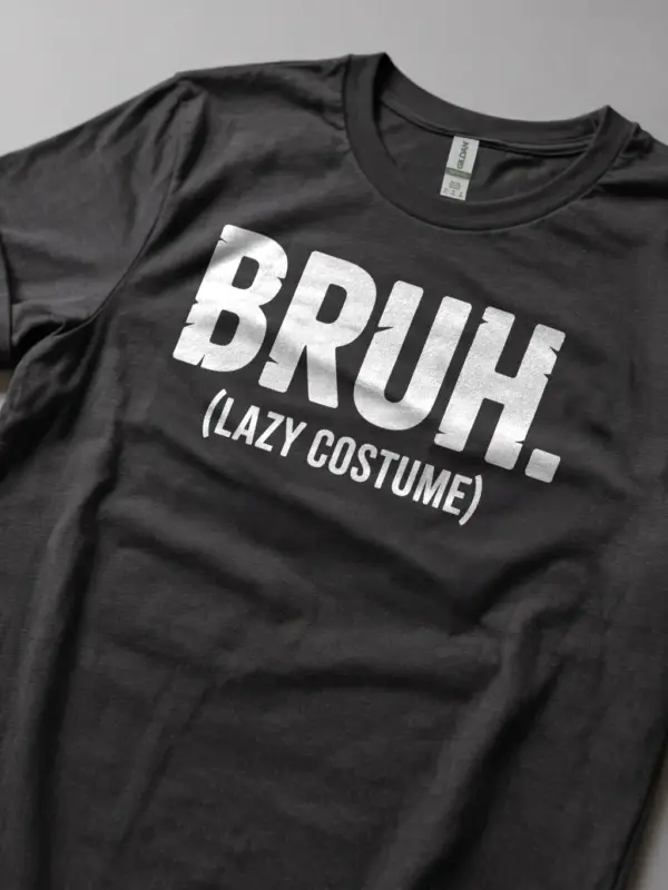 Lifestyle shot dark heather shirt Bruh Lazy Costume T-Shirt
