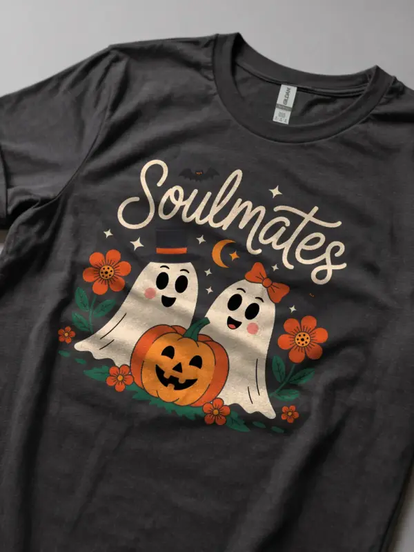 dark heather – soulmates script above cartoon ghosts – ghost couple t-shirt