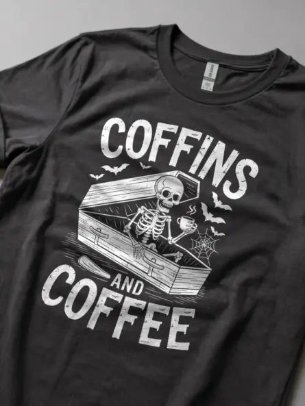Dark Heather Coffins and Coffee Lifestyle – funny goth skeleton coffee shirt for dark fashion fans