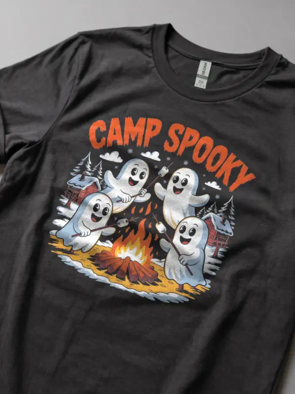Dark Heather cute ghost campfire tee lifestyle image with marshmallow ghosts
