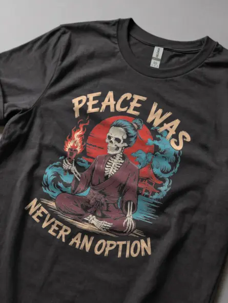 Lifestyle photo Dark Heather Japanese warrior skeleton tee