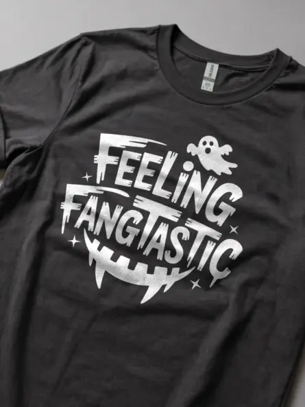 Lifestyle shot dark heather Feeling Fangtastic Halloween T-Shirt pun tee