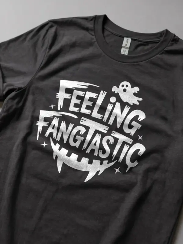 Lifestyle shot dark heather Feeling Fangtastic Halloween T-Shirt pun tee