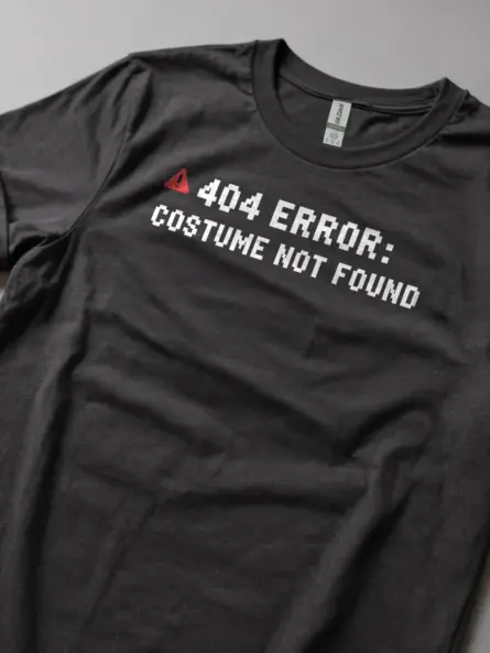 Lifestyle shot dark heather shirt 404 Error Costume Not Found t-shirt