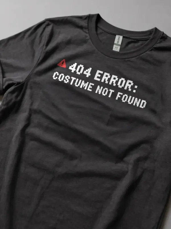 Lifestyle shot dark heather shirt 404 Error Costume Not Found t-shirt