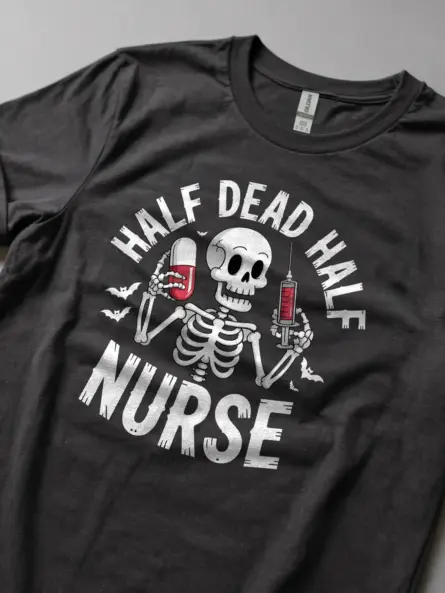 Front of dark heather tee – burnout culture nurse shirt with red pill and syringe