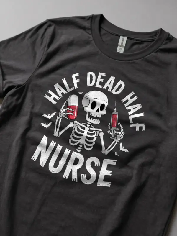 Front of dark heather tee – burnout culture nurse shirt with red pill and syringe