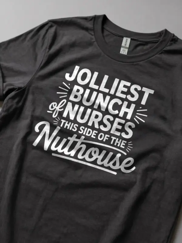 dark heather jolliest bunch of nurses shirt lifestyle shot with coffee