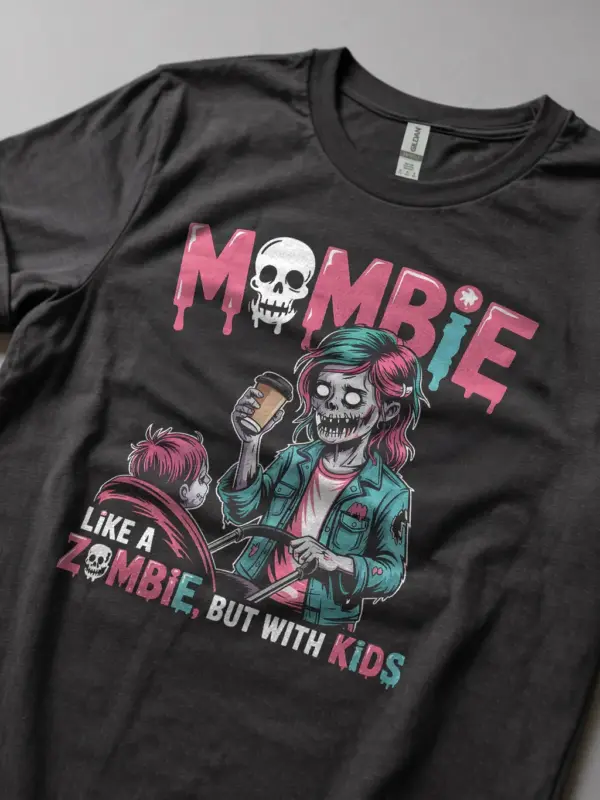 Dark Heather lifestyle shot – Mom with stroller and coffee – mombie t-shirt for moms