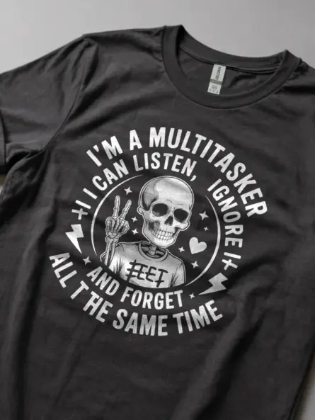 Dark Heather Lifestyle – Retro Mental Load Humor Tee – multitasker skeleton t-shirt