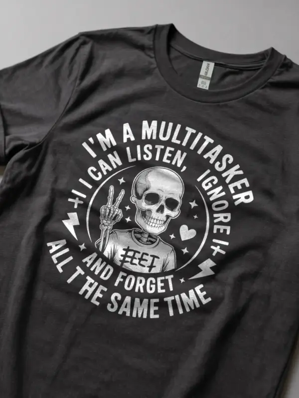 Dark Heather Lifestyle – Retro Mental Load Humor Tee – multitasker skeleton t-shirt