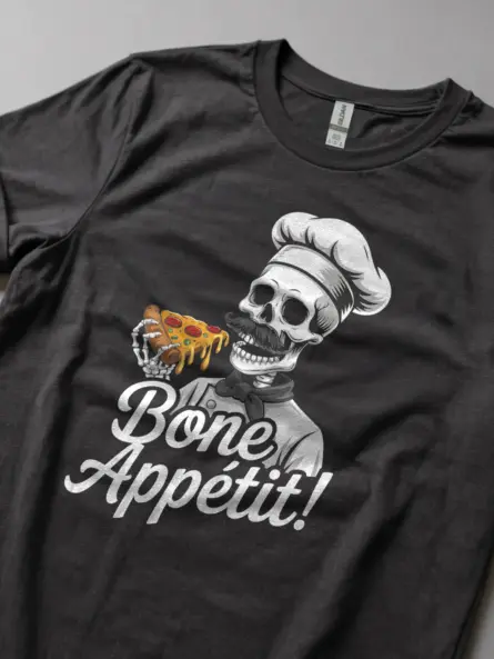 Dark Heather skeleton chef pizza tee with funny foodie print