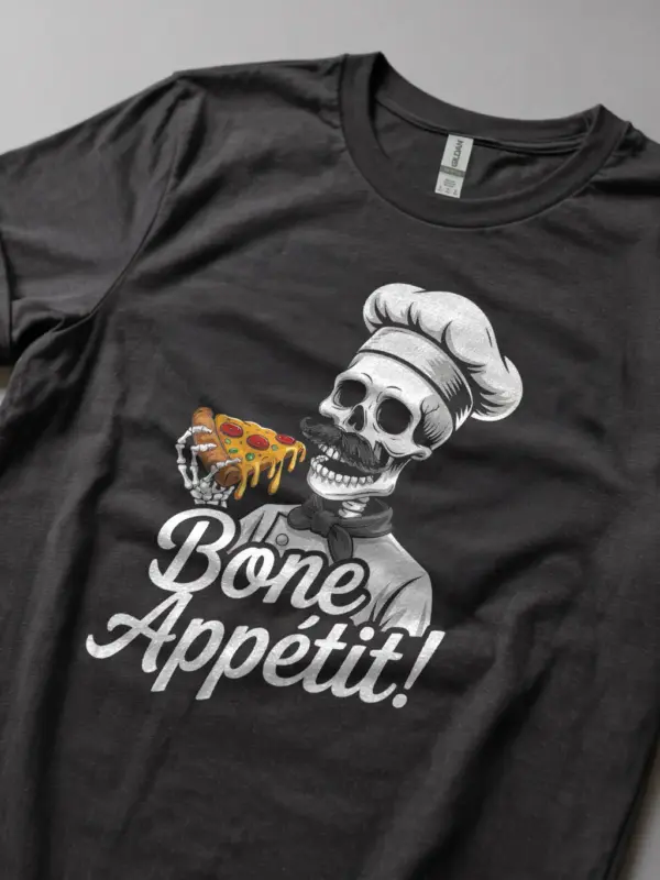Dark Heather skeleton chef pizza tee with funny foodie print