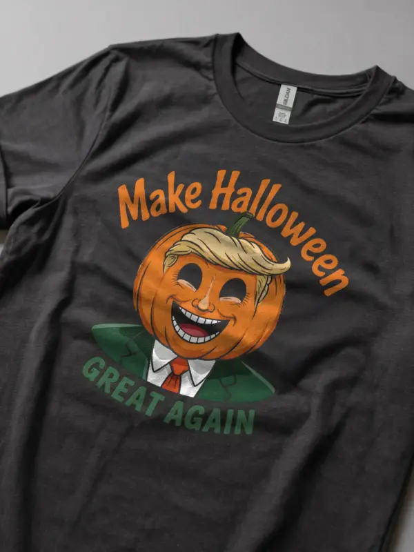 Modeled dark heather shirt – Trump pumpkin shirt for costume party