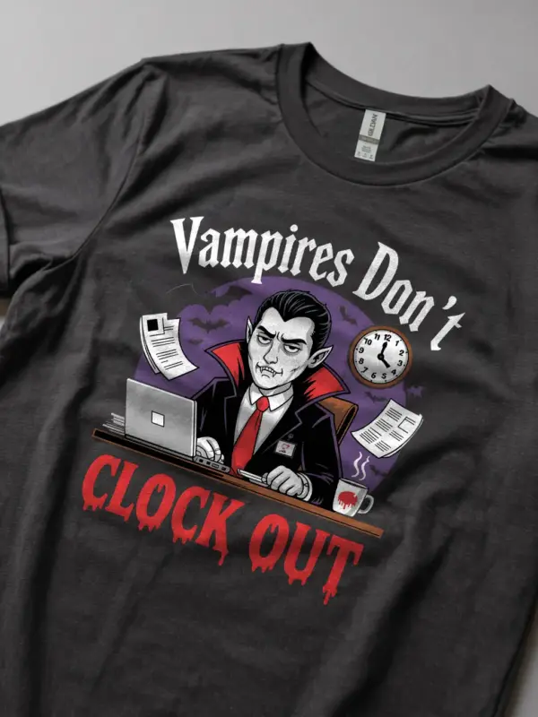 Dark Heather Vampires Don’t Clock Out T-Shirt – Lifestyle with Coffee Mug