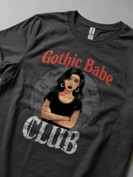 Lifestyle Woman in Dark Heather Gothic Babe Club T-Shirt wit