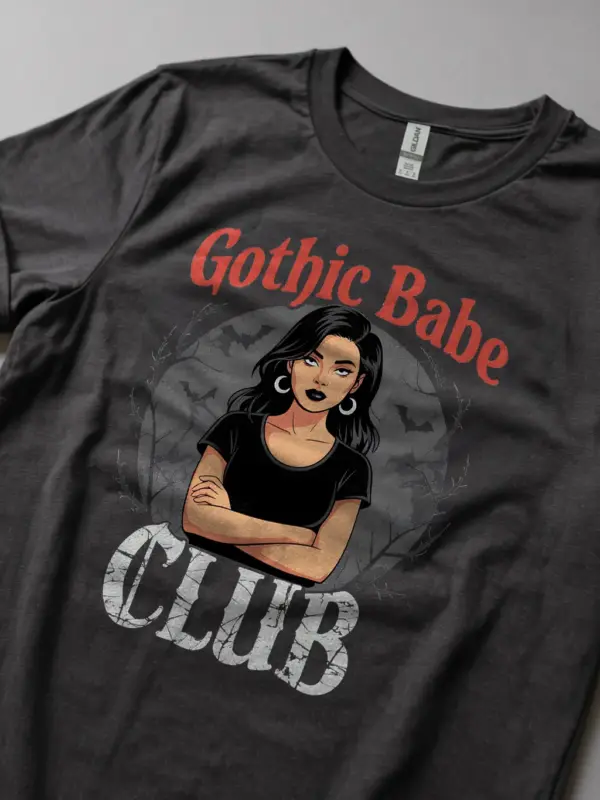 Lifestyle Woman in Dark Heather Gothic Babe Club T-Shirt wit