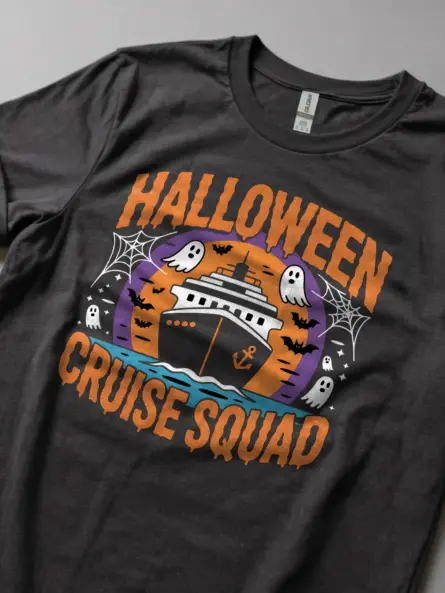 Dark Heather Halloween Cruise Squad Tee Worn Outdoors – group cruise vacation tee