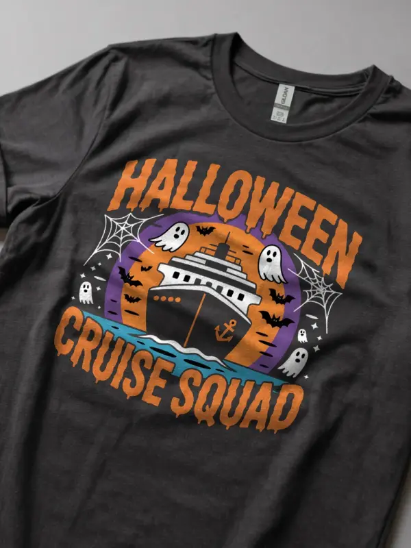 Dark Heather Halloween Cruise Squad Tee Worn Outdoors – group cruise vacation tee