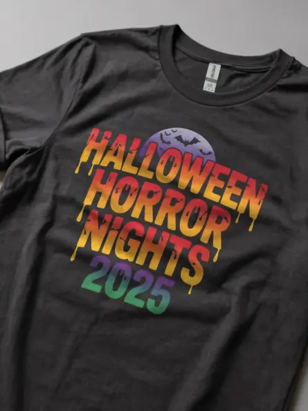 Modeled dark heather shirt — halloween event t-shirt with moon and bats
