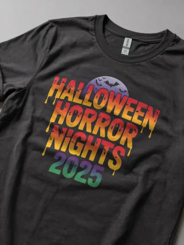 Modeled dark heather shirt — halloween event t-shirt with moon and bats