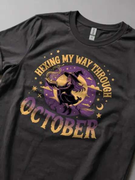 dark heather lifestyle shot hexing my way through t-shirt october vibes