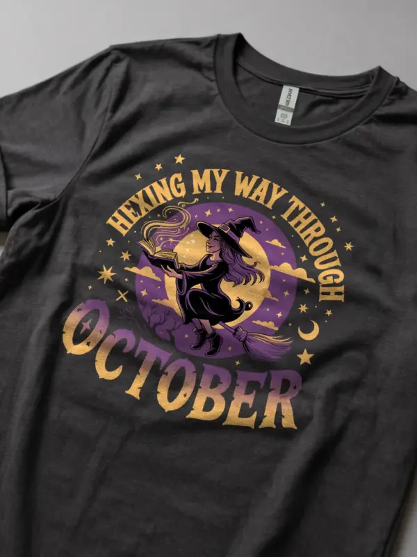 dark heather lifestyle shot hexing my way through t-shirt october vibes