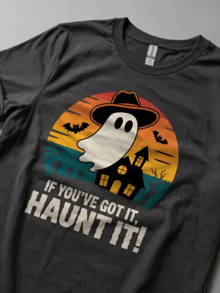 dark heather lifestyle shot if you’ve got it haunt it t-shirt western halloween