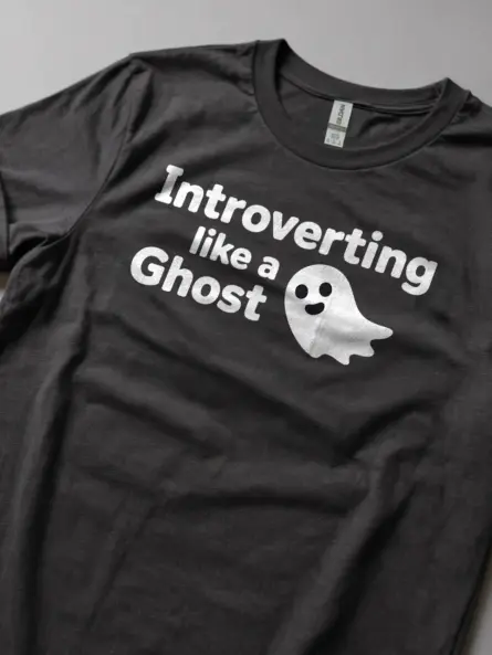 dark heather lifestyle shot introverting like a ghost t-shirt for homebodies