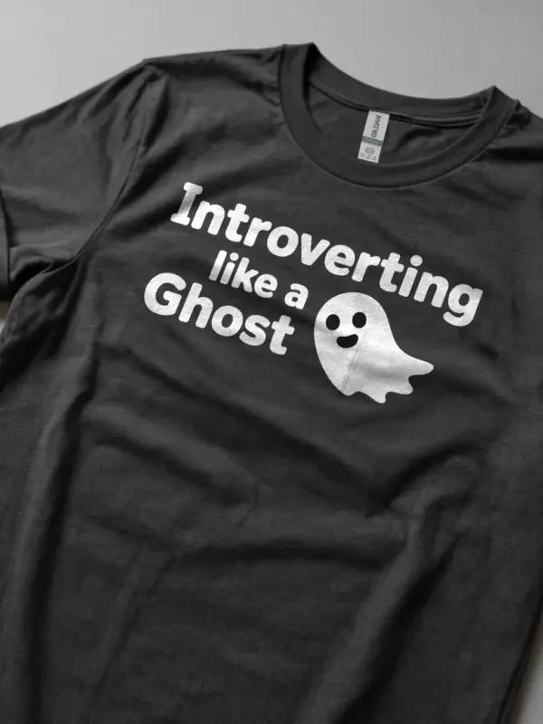 dark heather lifestyle shot introverting like a ghost t-shirt for homebodies