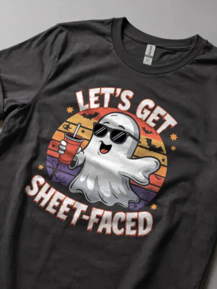 dark heather lifestyle shot let’s get sheet faced halloween t-shirt bar crawl look
