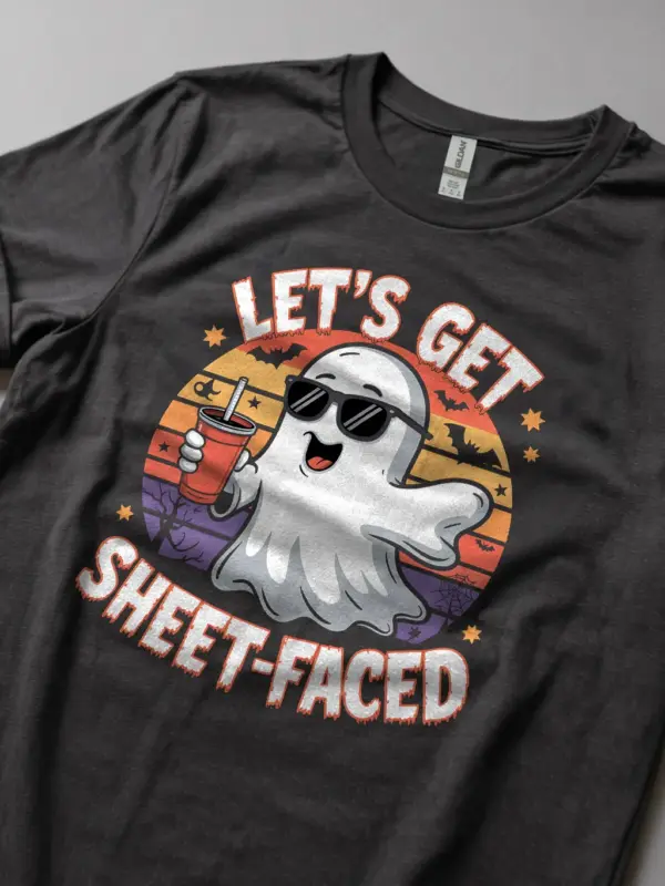 dark heather lifestyle shot let’s get sheet faced halloween t-shirt bar crawl look