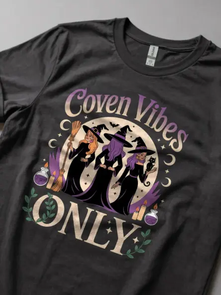 Lifestyle Spiritual girl wearing Dark Heather Coven Vibes Witch T-Shirt