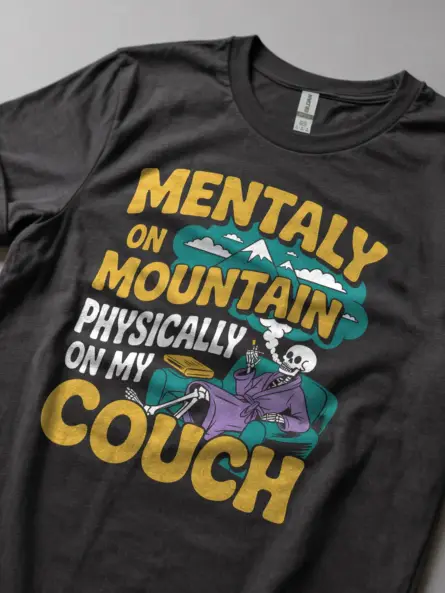 dark heather lifestyle shot – sarcastic thought bubble design – mentally on mountain t-shirt