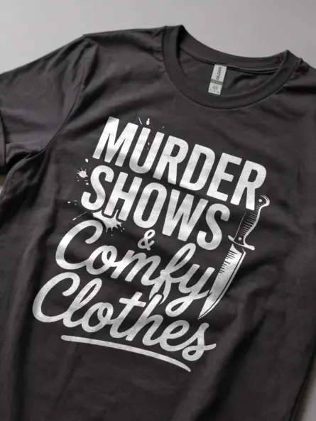Lifestyle shot dark heather shirt murder shows and comfy clothes t-shirt