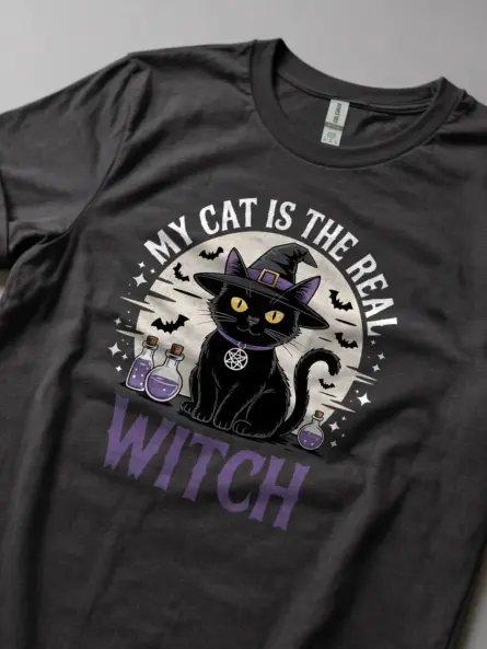 dark heather lifestyle shot my cat is the real witch t-shirt witchcore cat tee