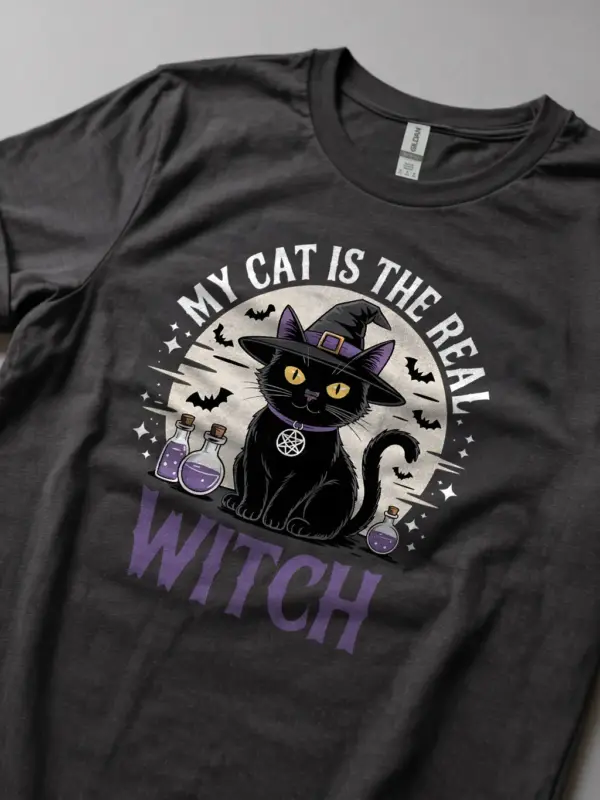 dark heather lifestyle shot my cat is the real witch t-shirt witchcore cat tee