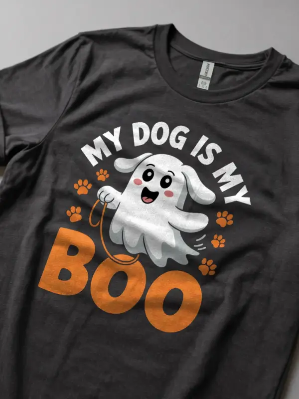 dark heather lifestyle shot my dog is my boo halloween t-shirt funny dog shirt