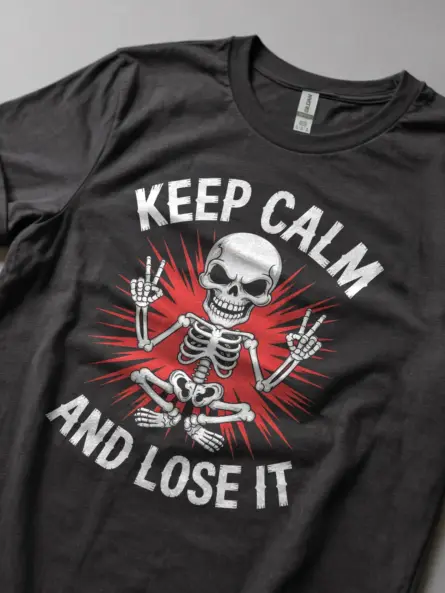 Lifestyle shot Dark Heather Shirt Keep Calm and Lose It punk skeleton meditation t-shirt