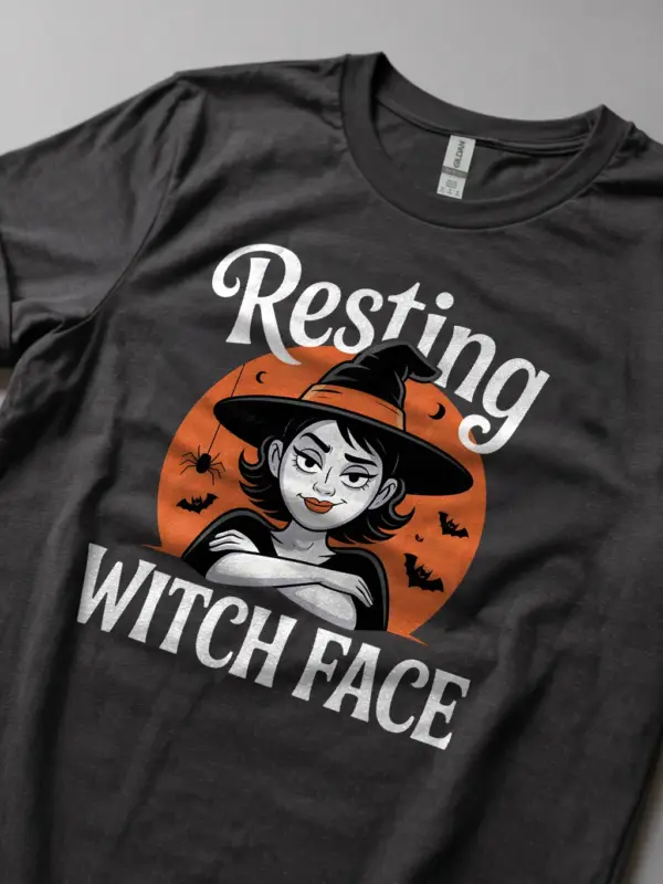 dark heather lifestyle shot resting witch face halloween t-shirt for grunge witch fans