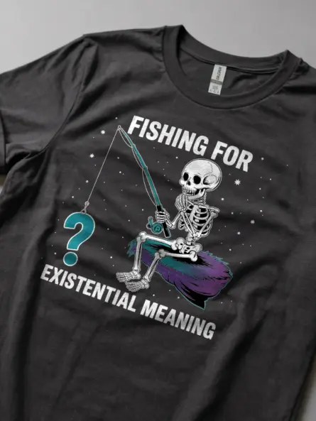 Lifestyle image Dark Heather funny philosophy meme skeleton tee