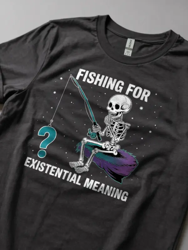 Lifestyle image Dark Heather funny philosophy meme skeleton tee