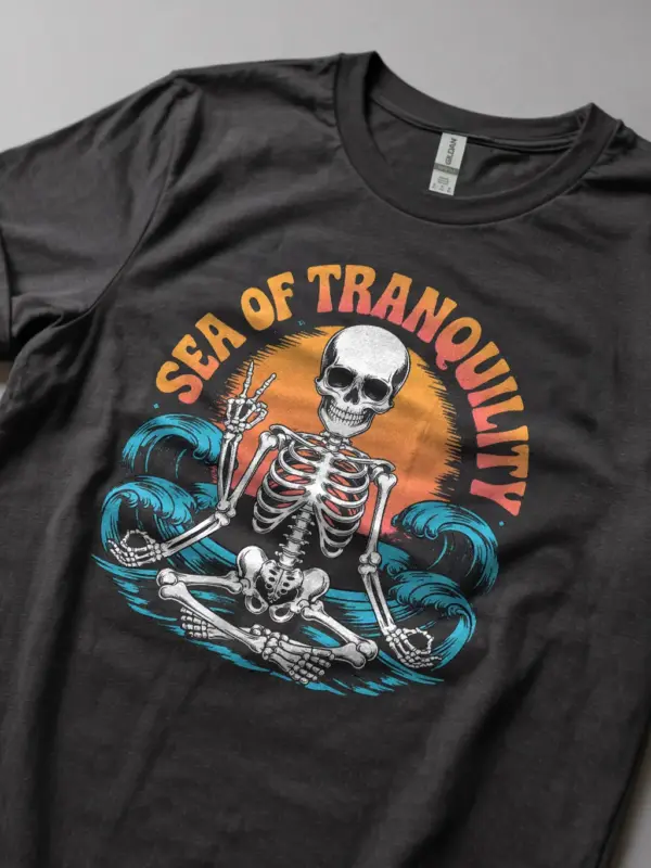 Dark Heather sea of tranquility t-shirt lifestyle – retro zen skeleton beach shirt