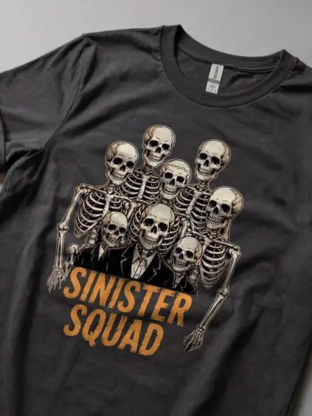 Dark Heather Shirt Lifestyle Shot – Sinister Squad Vintage Skeleton Squad T-Shirt