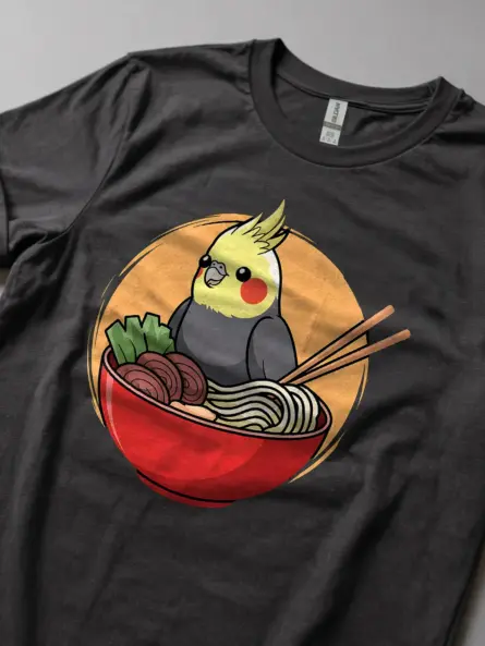 Whimsical Cute Cockatiel T Shirt – Ramen Bowl Kawaii Bird Tee - Image 5