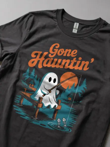 Cute Ghost Fishing Halloween Shirt – Gone Hauntin’ Retro Tee - Image 5